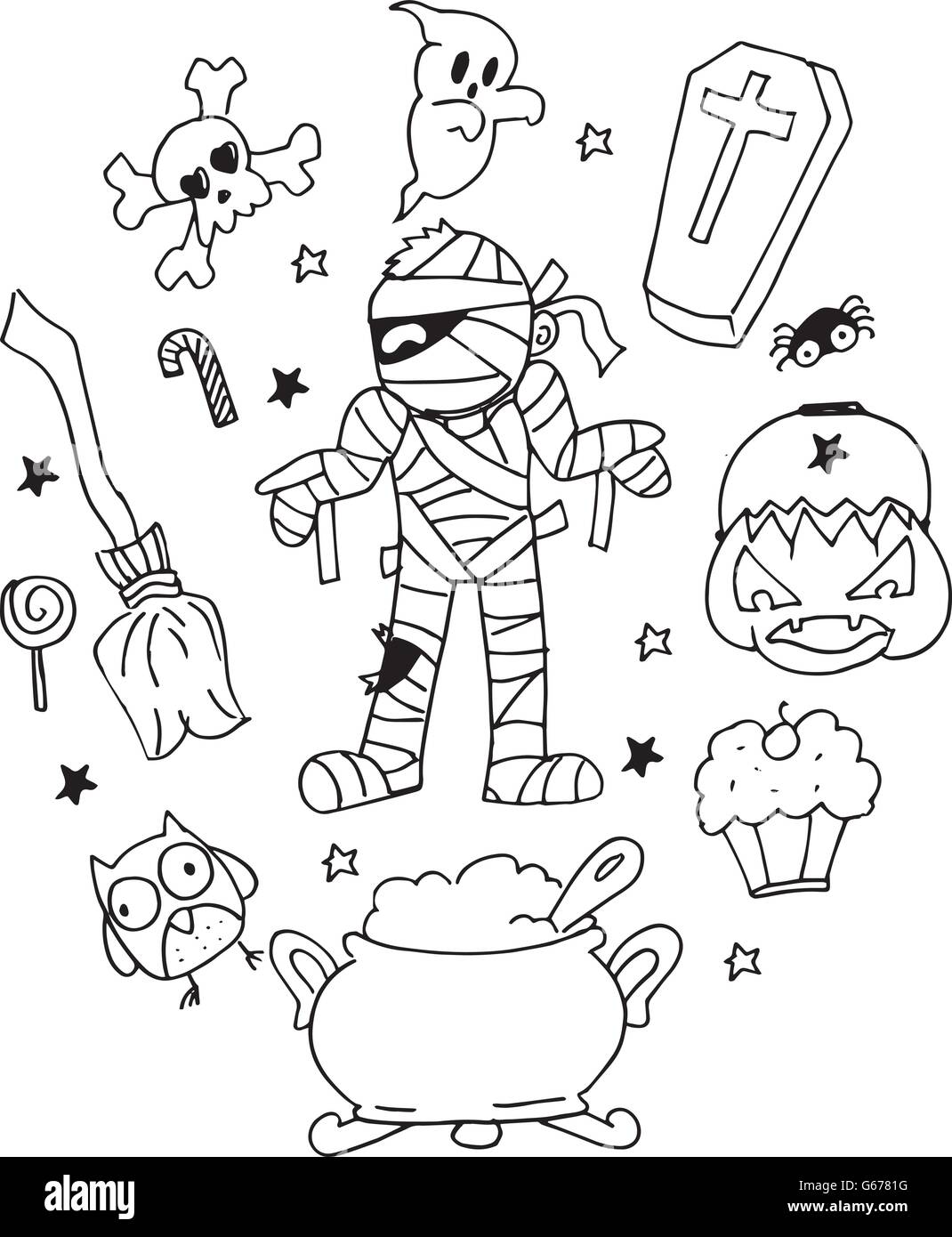 Halloween-Mumie-Doodle-Vektorgrafiken Stock Vektor