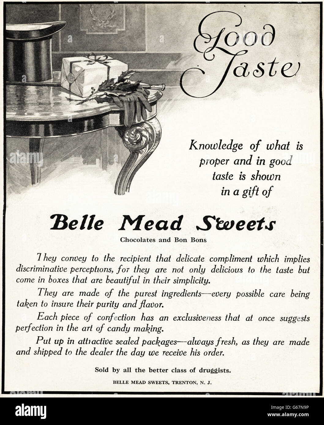 Original alte Vintage American Magazin Anzeige aus der Edwardian Ära datiert 1910. Werbung Werbung Belle Mead Süßigkeiten von Trenton New Jersey USA Stockfoto