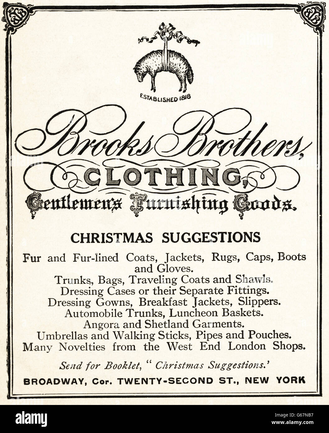 Original alte Vintage American Magazin Anzeige aus der Edwardian Ära datiert 1910. Werbung Werbung Brooks Brothers Kleidung von New York USA Stockfoto