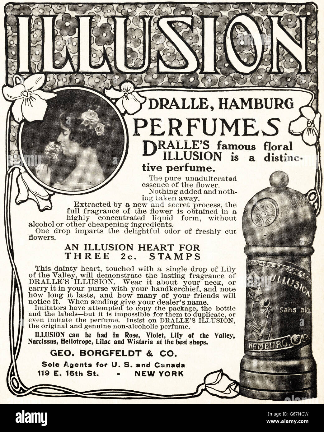 Original alte Vintage American Magazin Anzeige aus der Edwardian Ära datiert 1910. Werbung Werbung Illusion Parfums Stockfoto