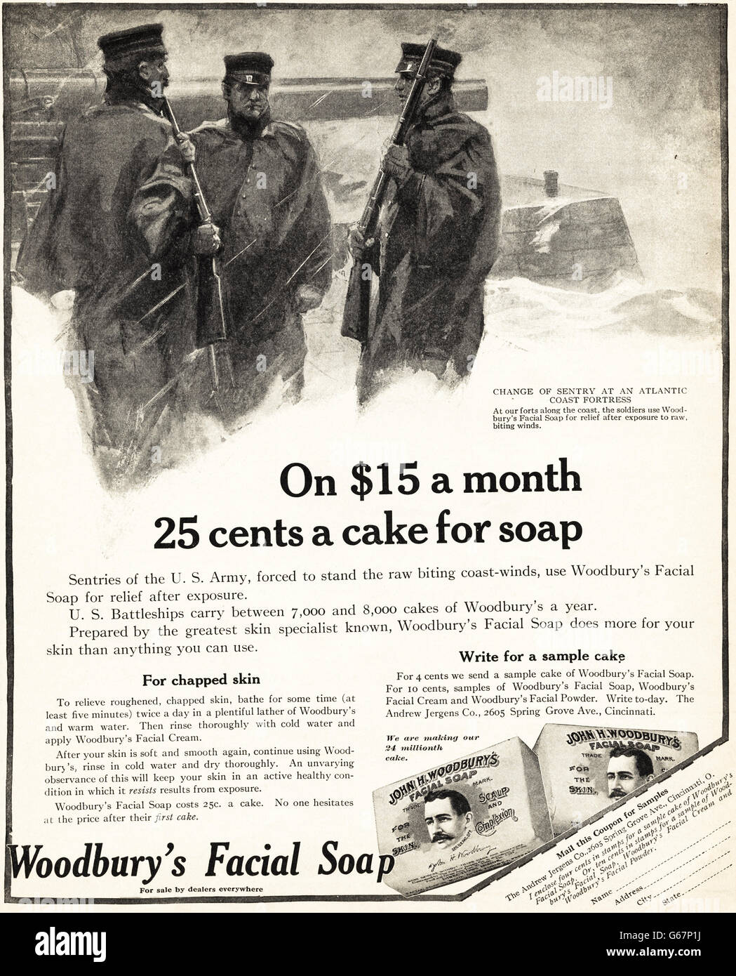 Original alte Vintage American Magazin Anzeige aus der Edwardian Ära datiert 1910. Werbung Werbung Woodburys Gesichts-Seife Stockfoto