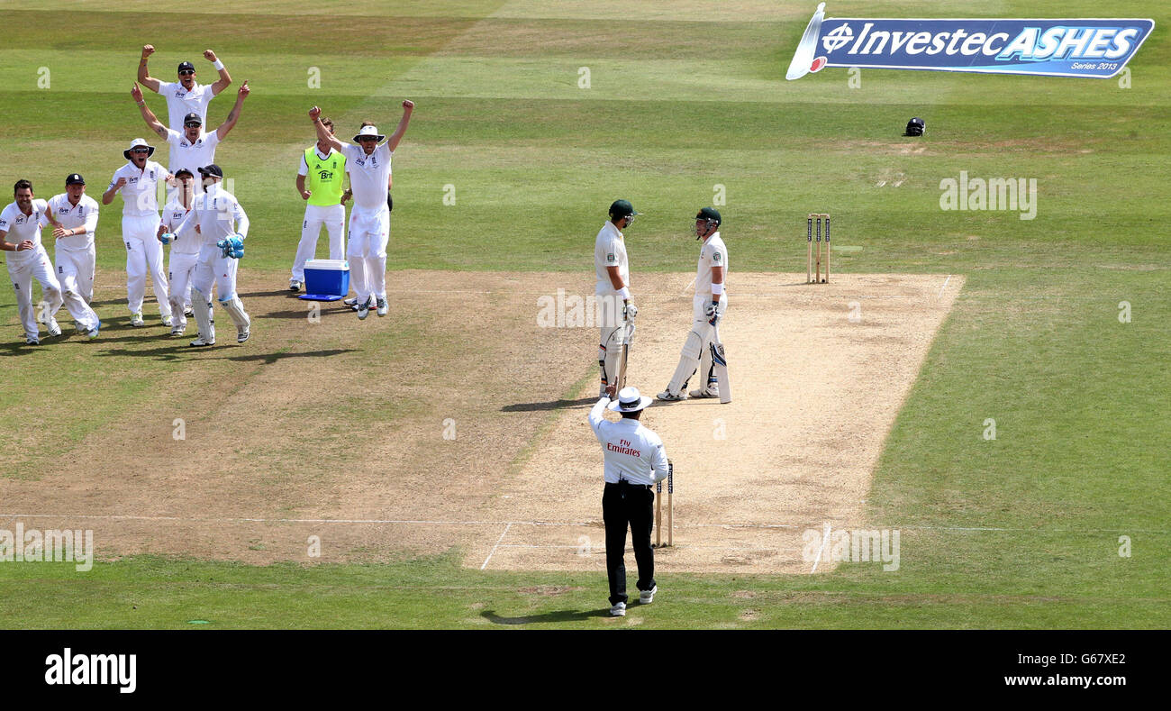 Der Schiedsrichter Aleem dar gibt dem australischen Brad Haddin die Hand, während England beim ersten Investec Ashes-Testspiel in Trent Bridge, Nottingham, zu feiern beginnt. Stockfoto