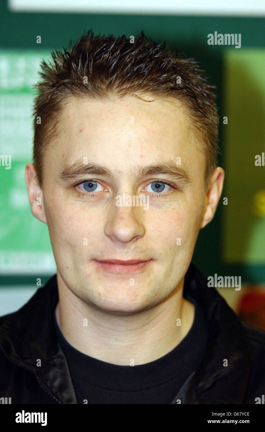 Krister Marsh of Exeter Falcons. Auf der Speedway GB Exhibition 2003 im National Agricultural Centre in Stoneleigh, Warwickshire. Stockfoto