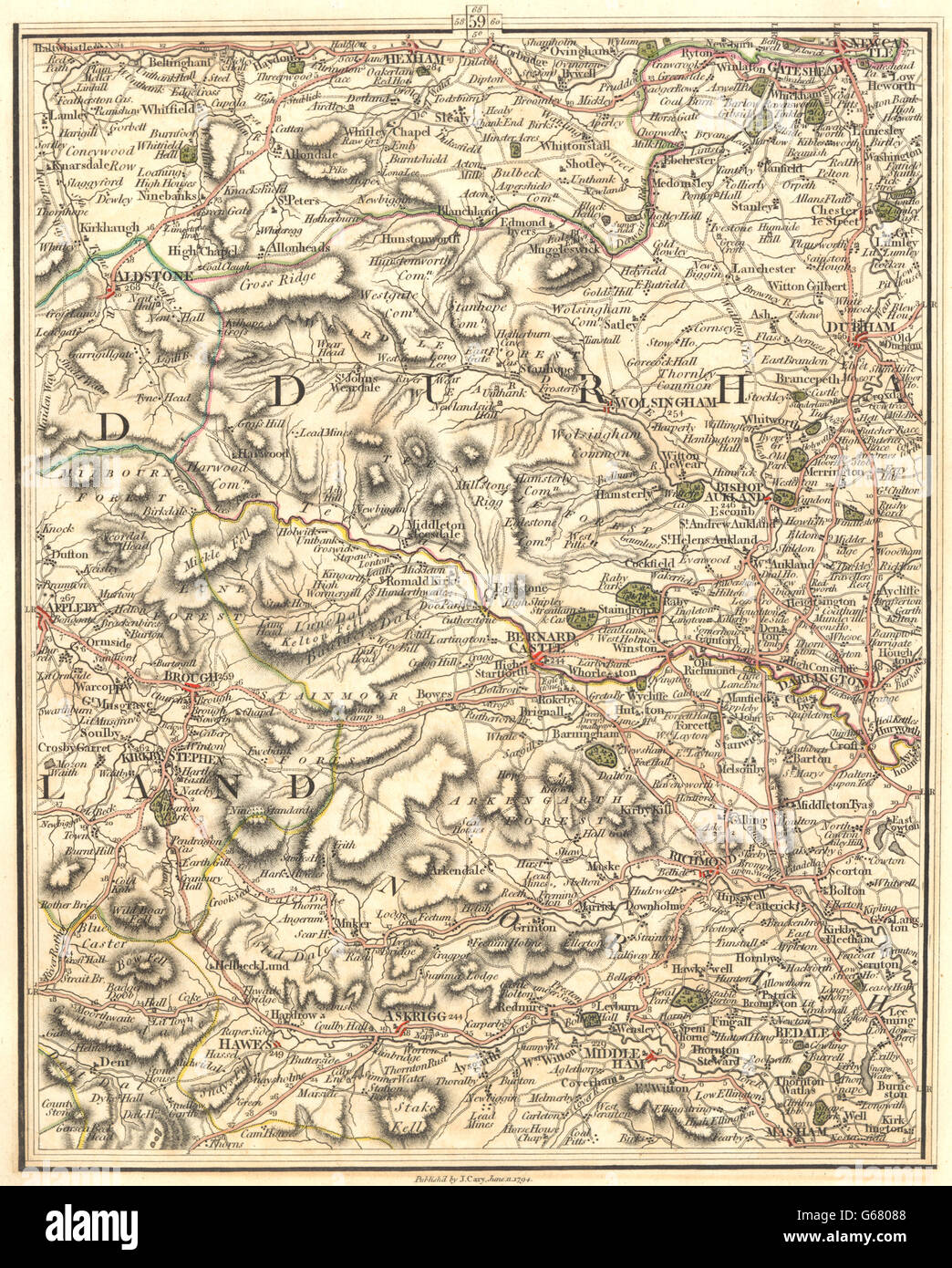 Karte von NORTH PENNINES & YORKSHIRE DALES: Durham Newcastle am Tyne Richmond.CARY 1794 Stockfoto