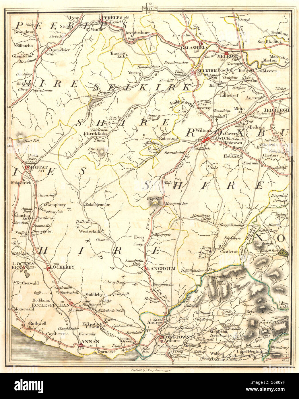 SCOTTISH BORDERS: umstrittene Grenze. Lockerbie Melrose Peebles Gretna.CARY, 1794 Karte Stockfoto