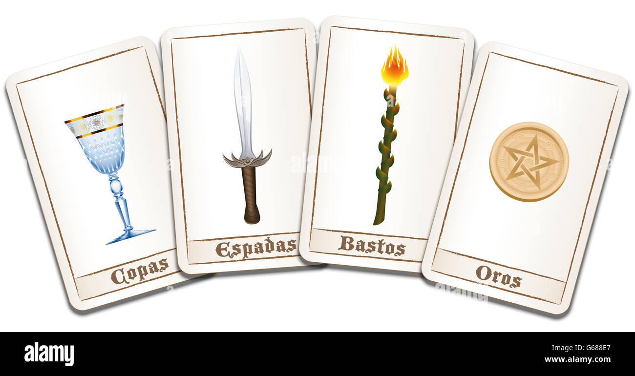 Tarot-Karten - spanische Bezeichnung: Tassen, Schwerter, Zauberstäbe, Pentakel. Abbildung auf weißem Hintergrund. Stockfoto