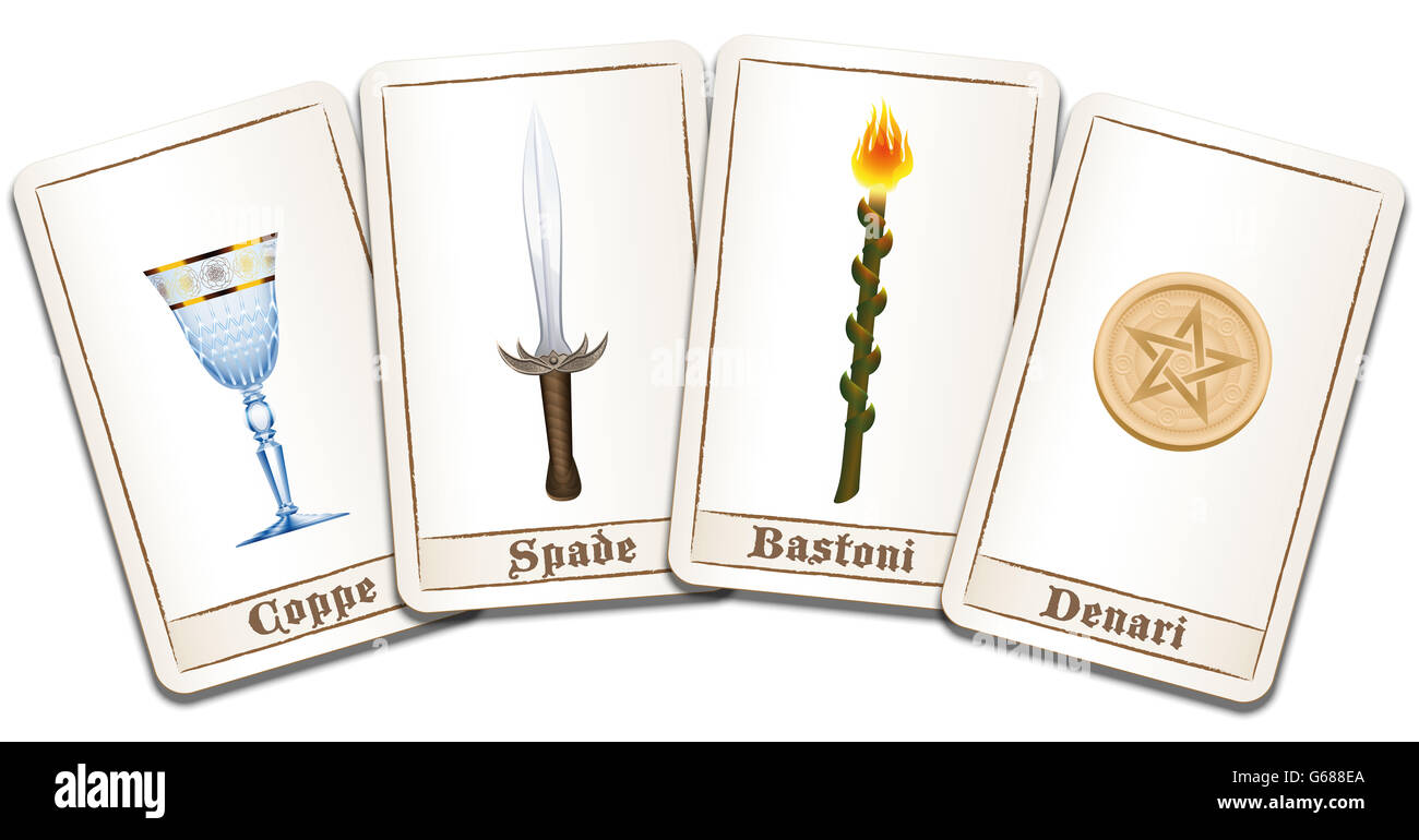 Tarot-Karten mit italienischen Begriffen der Symbole: Tassen, Schwerter, Zauberstäbe, Pentakel. Abbildung auf weißem Hintergrund. Stockfoto