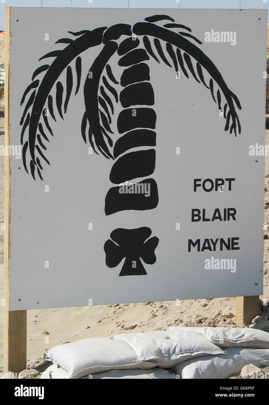 Ein Bild des Schildes in Fort Blair Mayne an der irakischen Grenze. Stockfoto