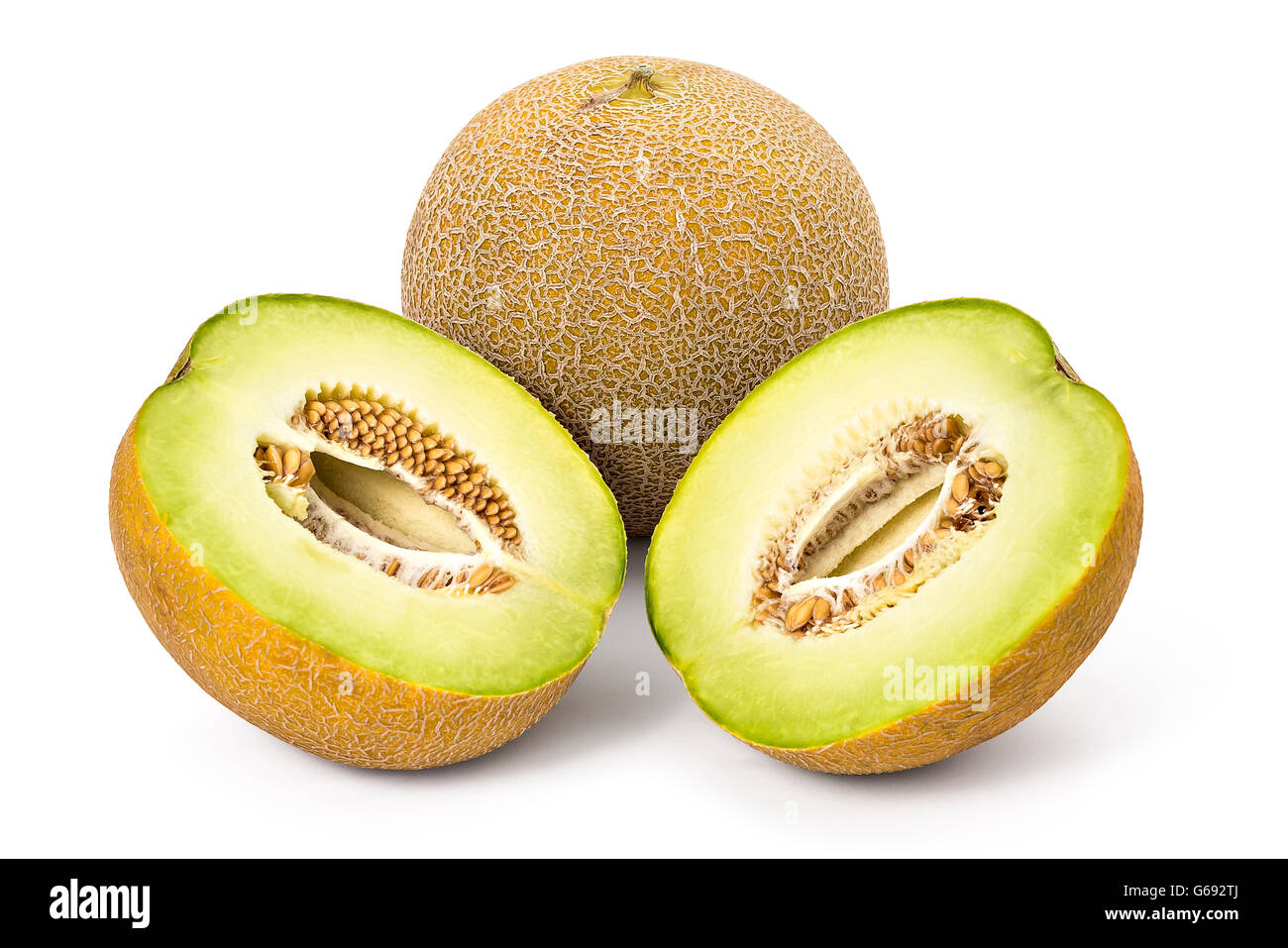 Frische reife Bio Melone Melonen isoliert auf weißem Hintergrund Stockfoto