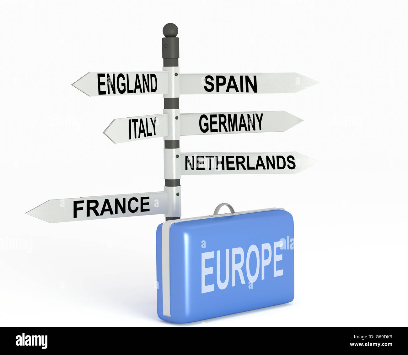 Reisekonzept. Koffer und Wegweiser was in Italien zu besuchen. 3D Stockfoto