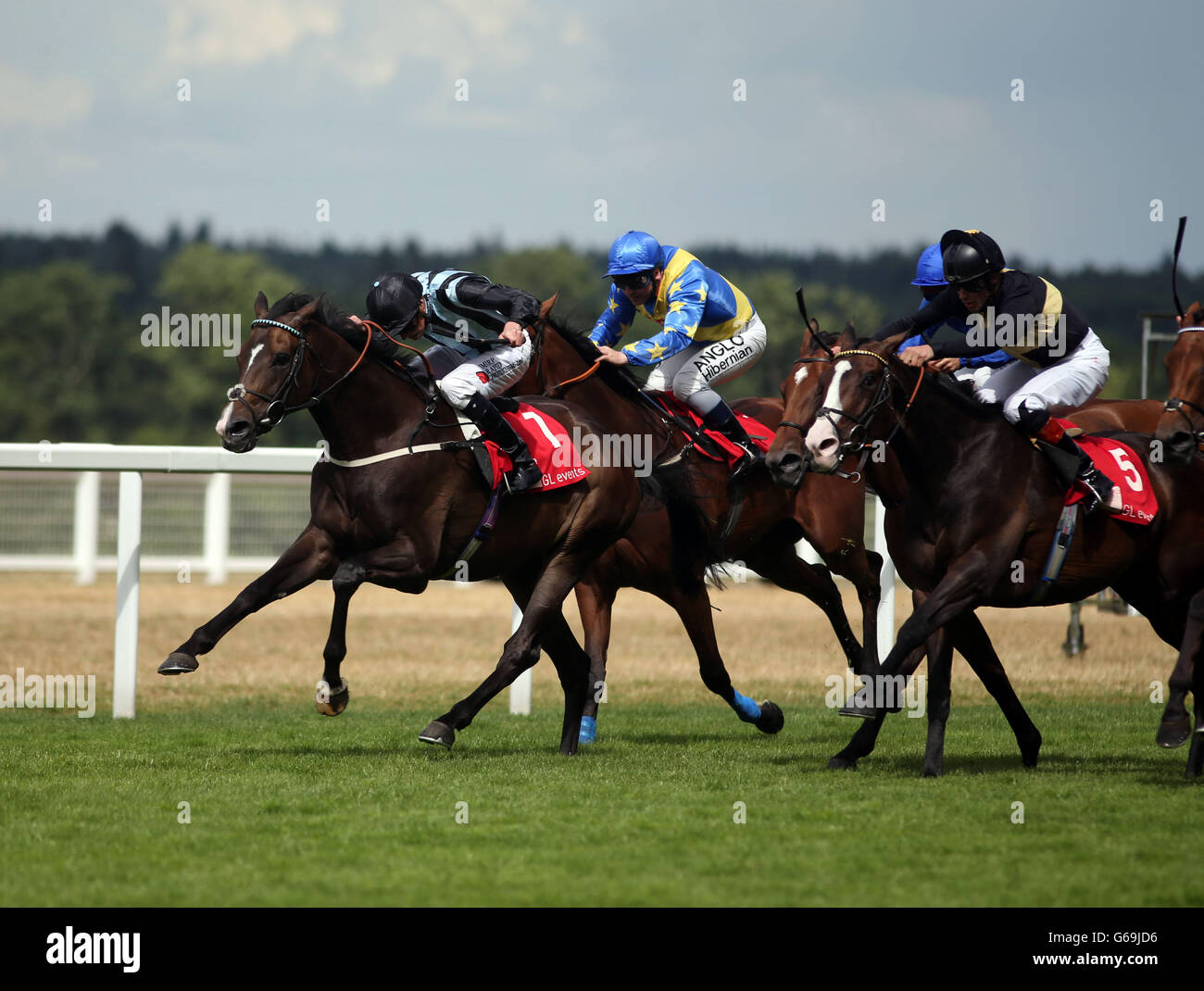 Bishop Roko geritten von James Doyle (links) gewinnt die GL-Events Owen Brown Handicap Einsätze am dritten Tag des 2013 Betfair Weekend auf Ascot Racecourse, Berkshire. Stockfoto