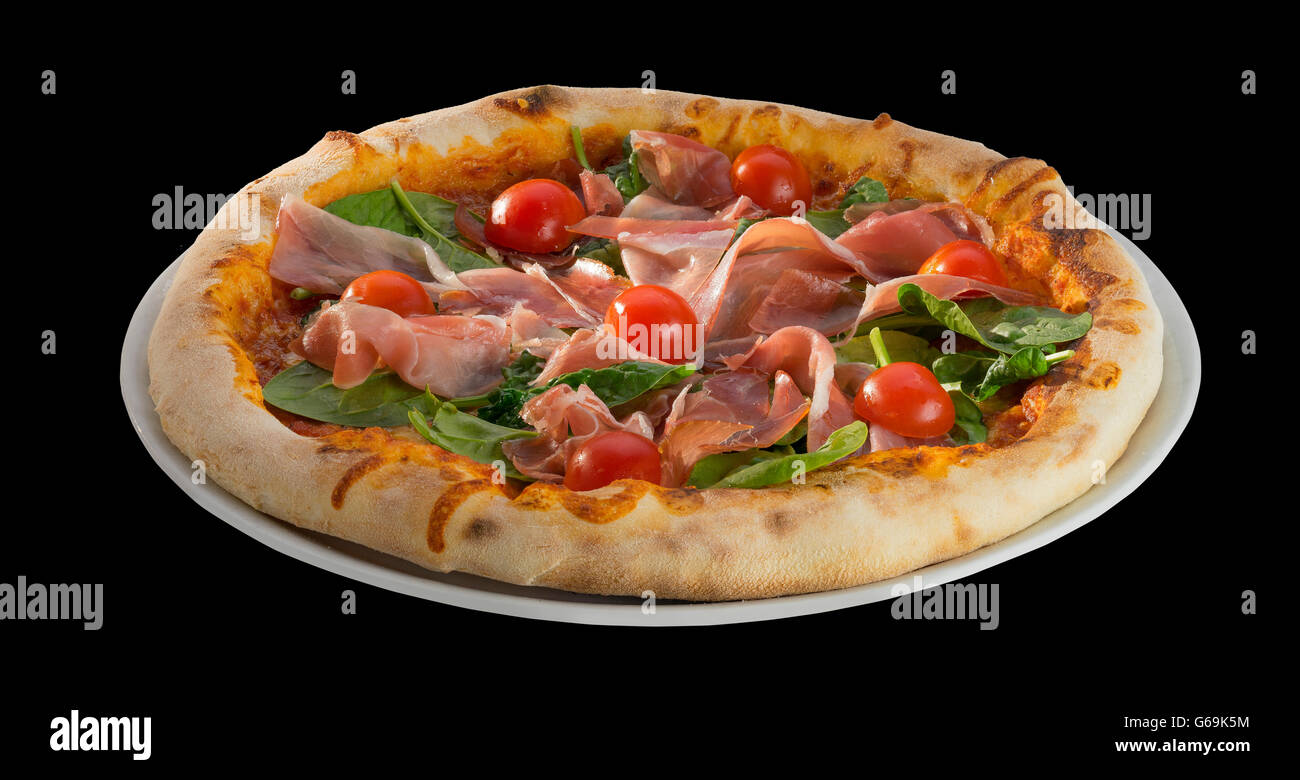 Pizza, Pilze, Schinken, Knoblauch, Mahlzeit, Kruste, Mozzarella, Teig, Snack, oberste Pizza, Essen, Geschmack, herzhaft, Backen, Stockfoto