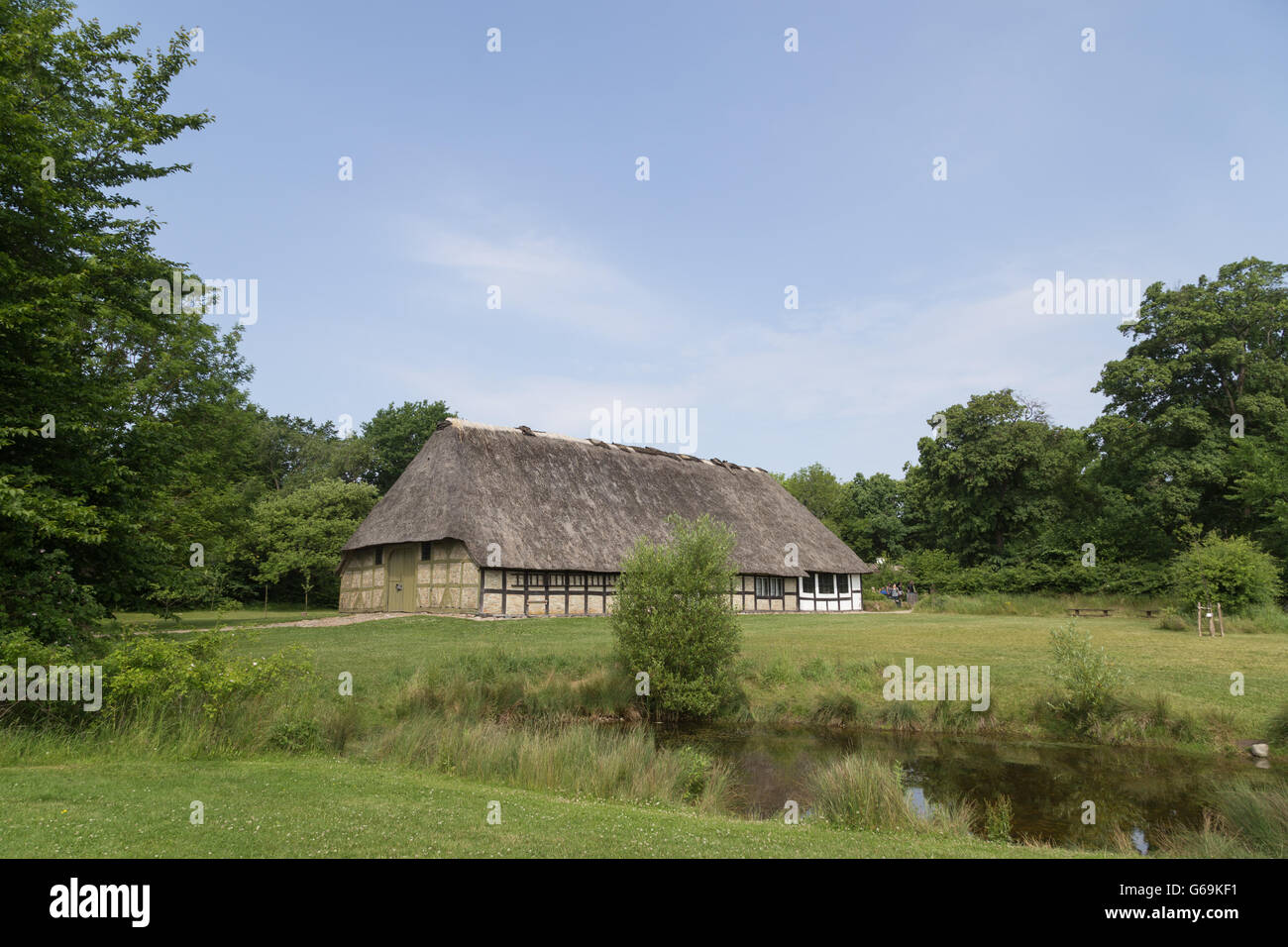 Lyngby, Dänemark - 23. Juni 2016: Einem alten dänischen Fachwerk Bauernhaus mit Strohdach. Stockfoto