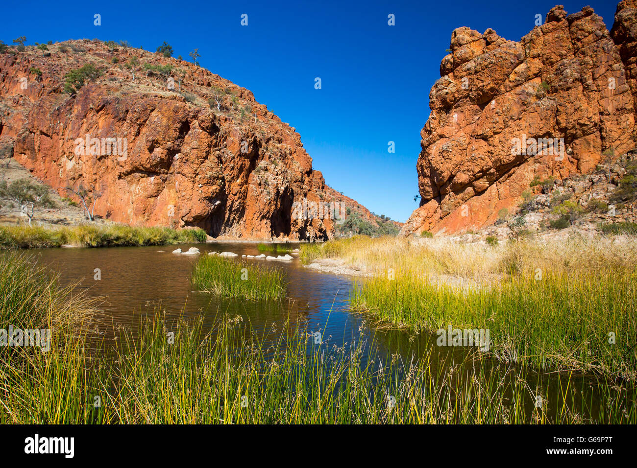 Eine Ansicht von Glen Helen Gorge an einem klaren Wintertag im Northern Territory, Australien Stockfoto