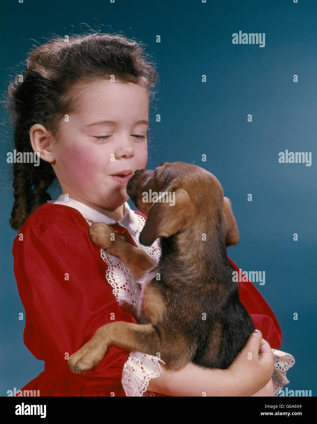 1960ER JAHRE MÄDCHEN KÜSSEN IHR BEAGLE WELPEN Stockfoto