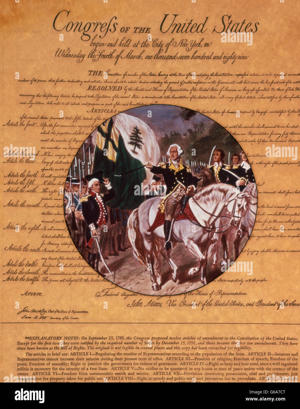 1790ER JAHRE GENERAL GEORGE WASHINGTON FÜHRT DIE KONTINENTALARMEE ÜBERLAGERT DER VEREINIGTEN STAATEN BILL OF RIGHTS Stockfoto