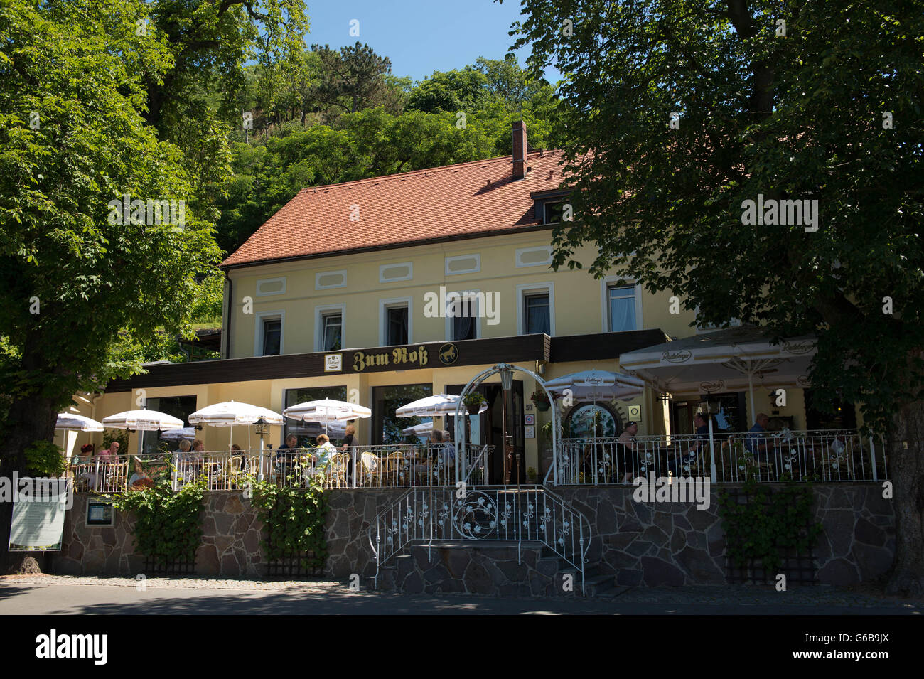 Diesbar-Seußlitz, Deutschland. 23. Juni 2016. Der Landgasthof "Zum Ross" in Diesbar-Seußlitz, Deutschland, 23. Juni 2016. Wie hat der Mindestlohn den Arbeitsmarkt in den neuen Bundesländern verändert? Während die Katastrophe vorhergesagt von einigen nicht ereignet hat, sagen einige Branchen zu kämpfen haben, Experten. Foto: ARNO BURGI/DPA/Alamy Live-Nachrichten Stockfoto