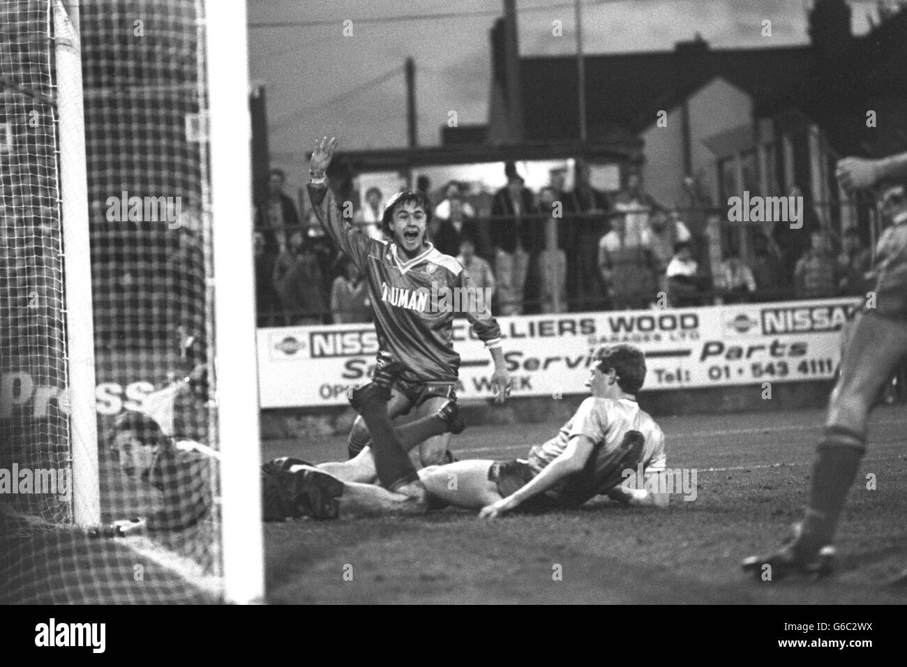 Dennis Wise von Wimbledon feiert das Tor, das dritte Tor seines Teams, mit Sheffield Wednesday-Torwart Martin Hodge und Verteidiger Nigel Worthington (rechts) am Boden im Torhügel während des Division One-Spiels in der Plough Lane. Archive-pa221415-2 Stockfoto