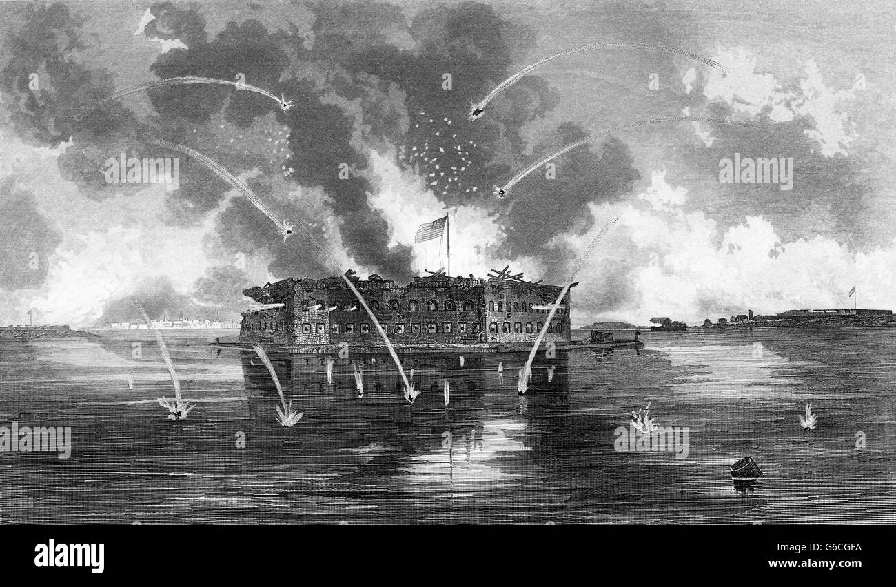 1860ER JAHREN APRIL 1861 BESCHIEßUNG VON FORT SUMTER CHARLESTON SOUTH CAROLINA USA ENRAVING VON PERINE Stockfoto