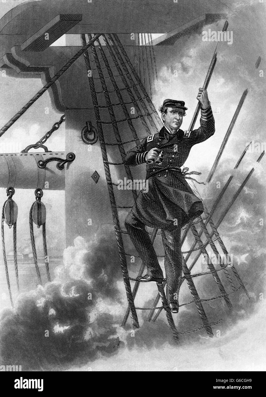 1860ER JAHRE AUGUST 1864 SCHLACHT MOBILE BAY ALABAMA KONTERADMIRAL DAVID FARRAGUT, RIGGING PEITSCHTE VERDAMMT DIE TORPEDOS MIT VOLLDAMPF VORAUS Stockfoto