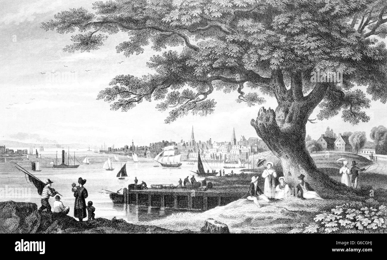 FRÜHEN 1800ER JAHREN SKYLINE MENSCHEN FLANIEREN ENTLANG DER UFERPROMENADE VON PHILADELPHIA PA USA Stockfoto