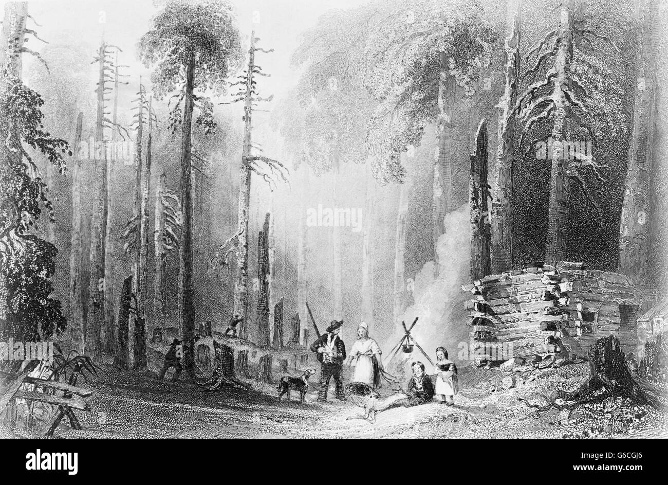1840S 1850S PIONIERE GRAVUR W.H. BARLETT MALEREI ERSTE SIEDLUNG VON FRONTIER BLOCKHAUS FAMILIE TIERE LICHTUNG IM WALD Stockfoto