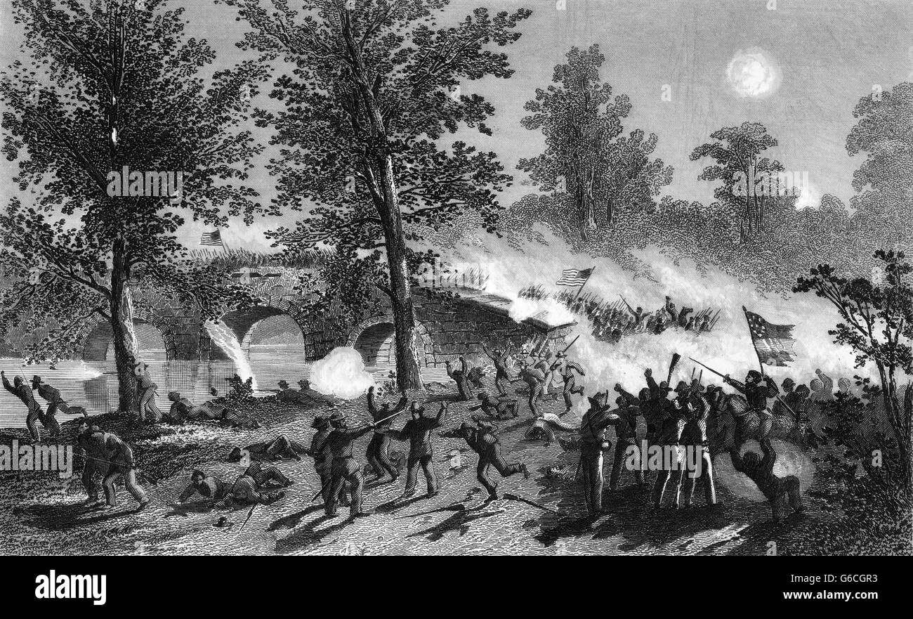 1860ER JAHREN BURNSIDE PASSAGE DER BRÜCKE AN DER SCHLACHT VON ANTIETAM CREEK SHARPSBURG, MARYLAND SEPTEMBER 1862 USA Stockfoto