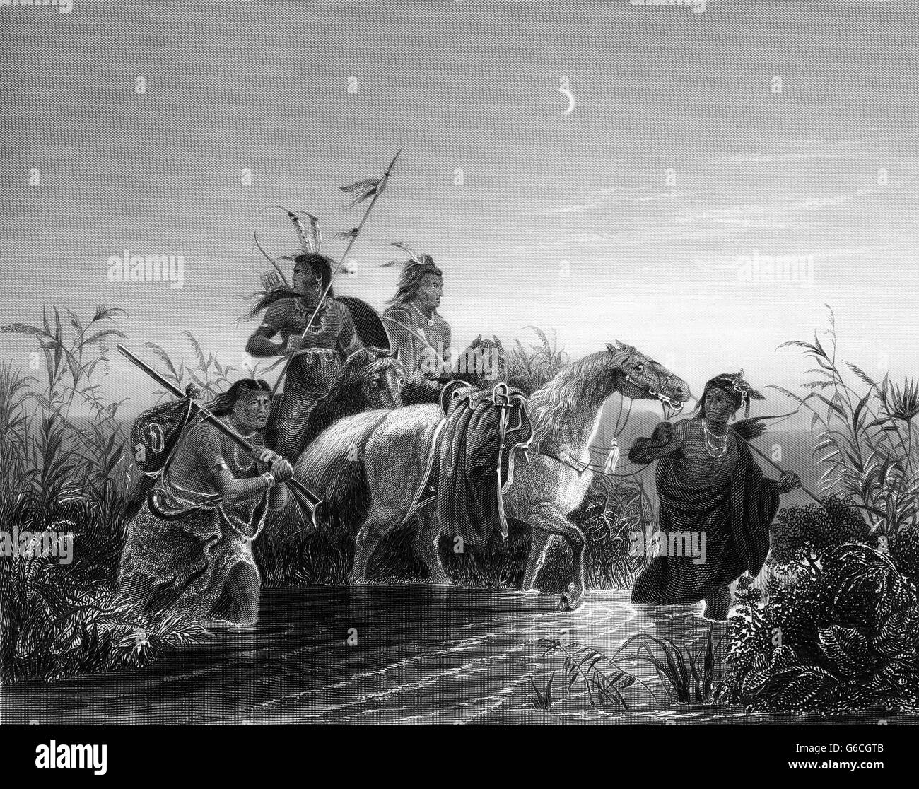 1850ER JAHRE GRAVUR VON KARL WIMAR MALEREI DER GEFANGENSCHAFT LADEGERÄT INDIANER FÜHRENDEN WEG A ERFASST KAVALLERIE PFERD NACH EINEM KAMPF Stockfoto