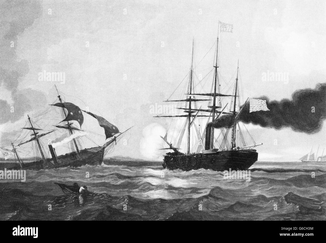1860ER JAHRE 19. JUNI 1864 CSS ALABAMA SINKT NACH DER NIEDERLAGE VON UNION SCHIFF DIE USS KEARSARGE ÜBERLEBENDE IM VORDERGRUND CHERBOURG FRANKREICH Stockfoto