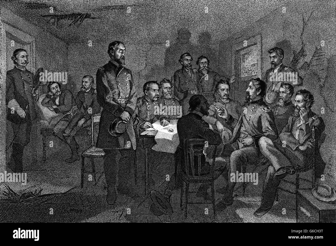 1860ER JAHRE JULI 1863 GENERAL MEADE TREFFEN MIT SEINEM RAT DES KRIEGES OFFIZIERE AN DER SCHLACHT VON GETTYSBURG Stockfoto