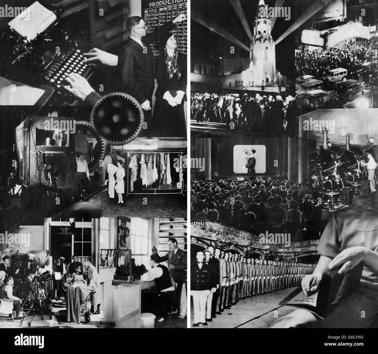 1920S 1930S MONTAGE DER FILMINDUSTRIE VOM KONZEPT ÜBER DIE PRODUKTION, PREMIERE, VERTRIEB Stockfoto