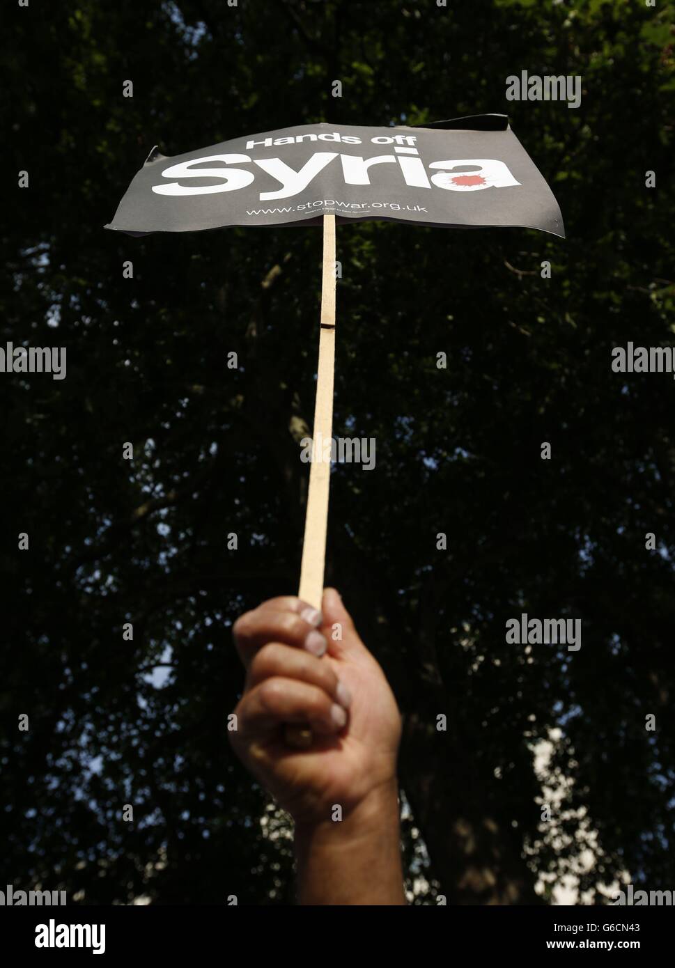 Ein Aktivist hält ein Plakat während einer Veranstaltung der Stop the war Coalition, um gegen eine mögliche Beteiligung Großbritanniens am syrischen Konflikt in Whitehall, London, zu protestieren. Stockfoto