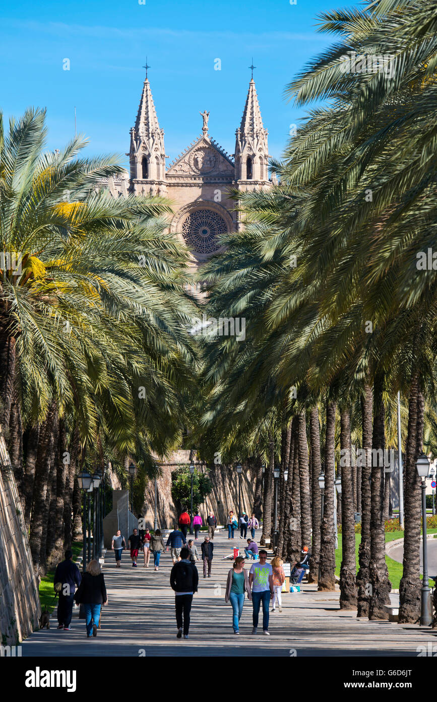 Vertikale Ansicht von Menschen zu Fuß entlang dem Passeig de Sagrera in Palma de Mallorca. Stockfoto