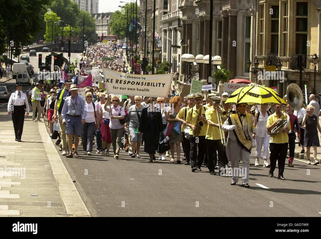 Demonstranten auf dem marsch, der von der Bewegung für Gesundheitsfreiheit in London organisiert wurde, um gegen die von der EU für pflanzliche Heilmittel festgelegten Vorschriften zu protestieren. Stockfoto
