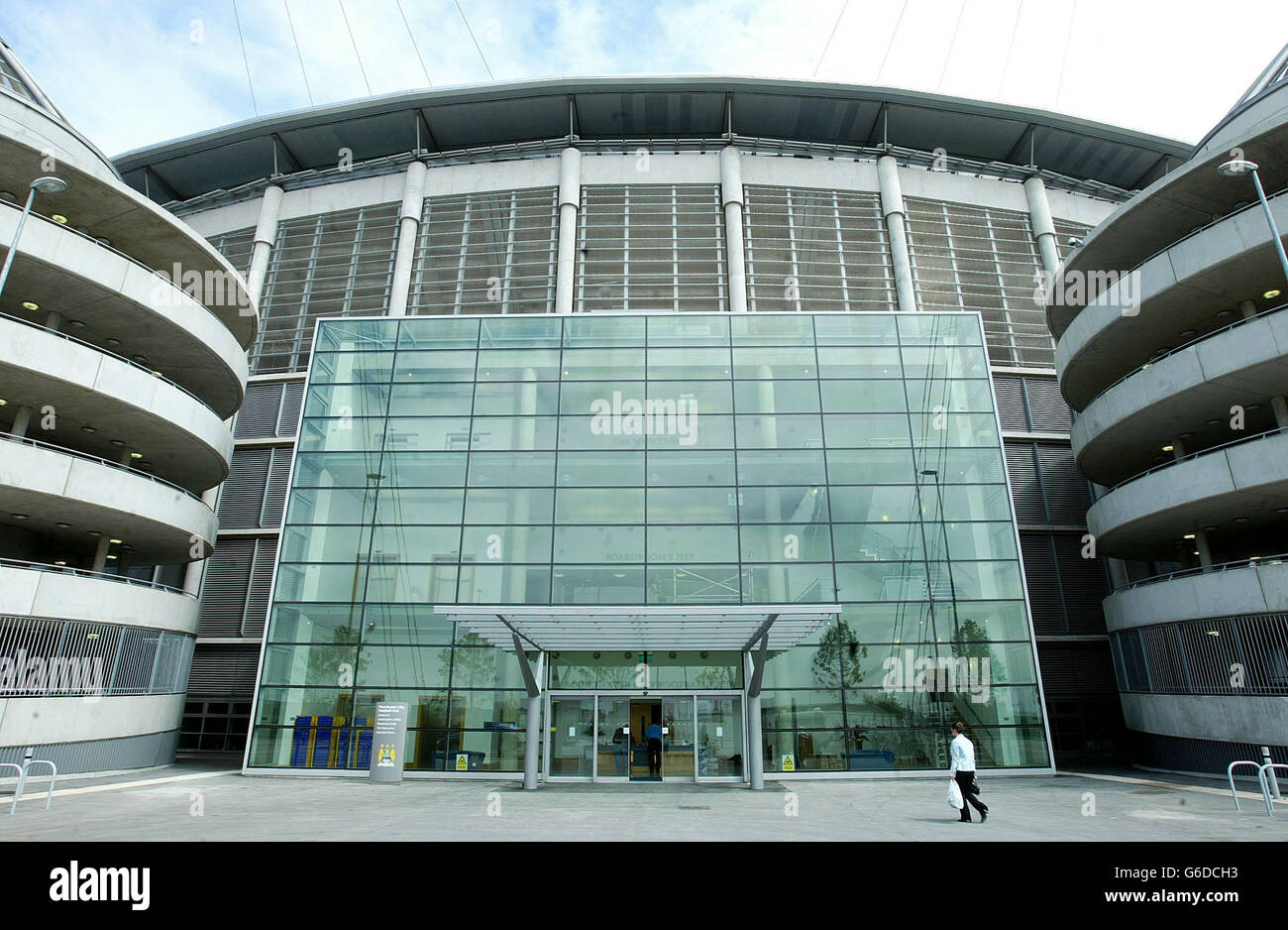 Der Hauptempfang des neuen City of Manchester Stadium heute nach Manchester City FC übernahm das Stadion von Manchester City Council. Stockfoto