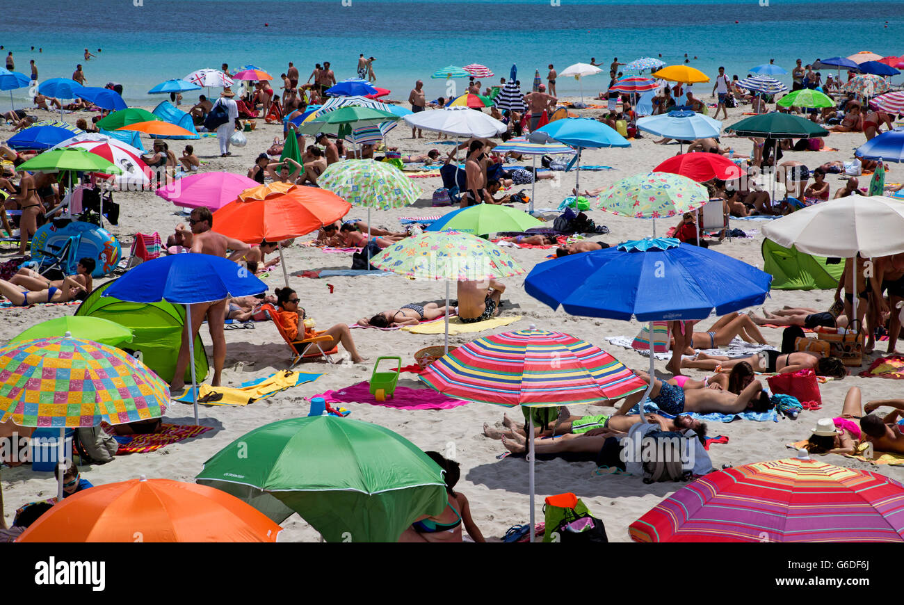 Menschen und Sonnenschirme am Strand Stintino Sardinien Italien Stockfoto