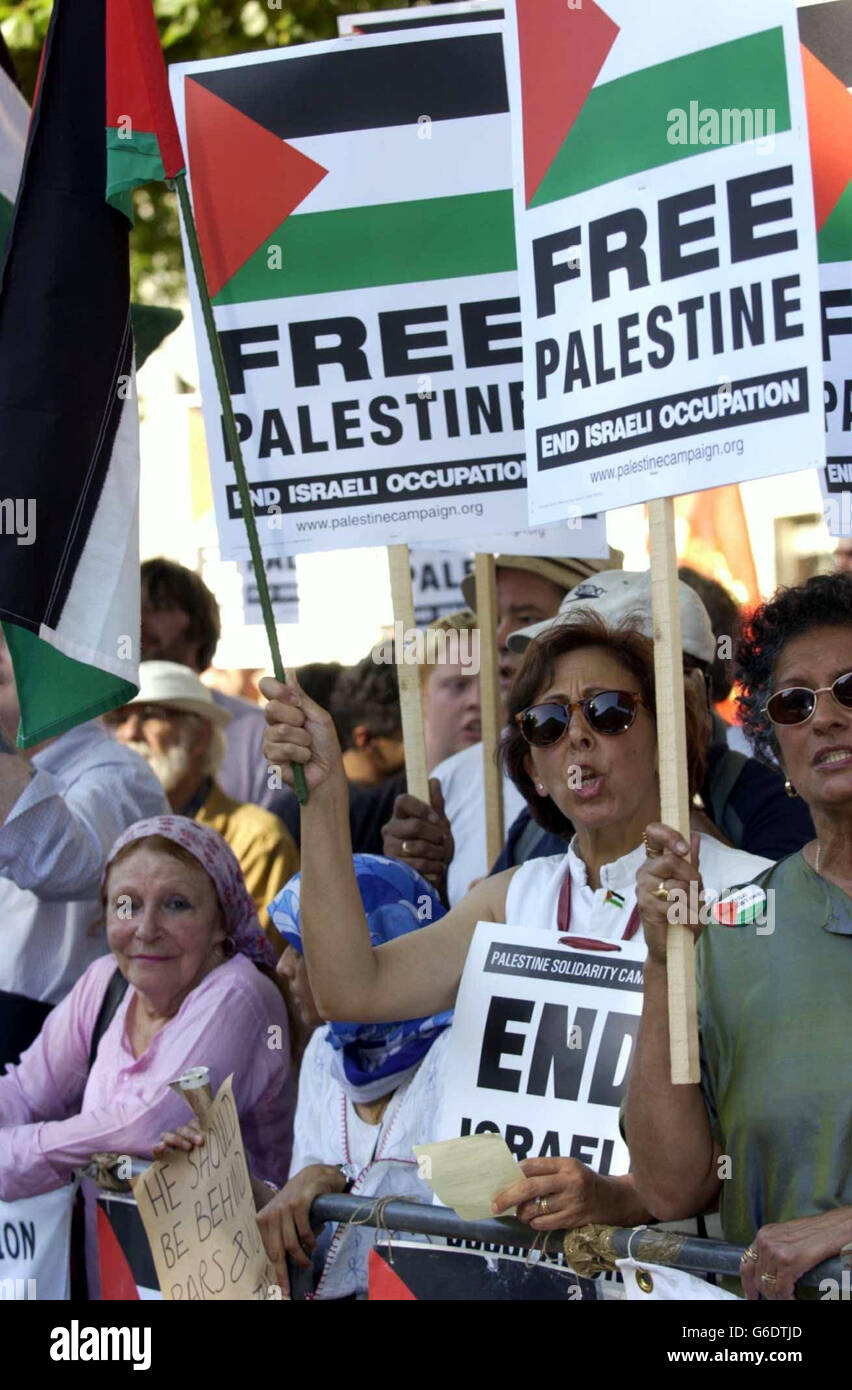 Palästinensische Demonstranten demonstrieren vor den Toren der Downing Street vor der Ankunft des israelischen Premierministers Ariel Sharon. Premierminister Tony Blair führte Gespräche mit seinem israelischen Amtskollegen Ariel Sharon, *..mit dem Ziel, die angespannten Beziehungen zu Großbritannien zu verbessern und den Friedensprozess im Nahen Osten voranzutreiben. Der Besuch von Sharon in London, bei dem er auch mit Außenminister Jack Straw zusammentreffen konnte, ist von anhaltenden Problemen bei der Umsetzung des internationalen „Fahrplans“ zur Beendigung des Konflikts zwischen Israel und den Palästinensern umgeben. Stockfoto