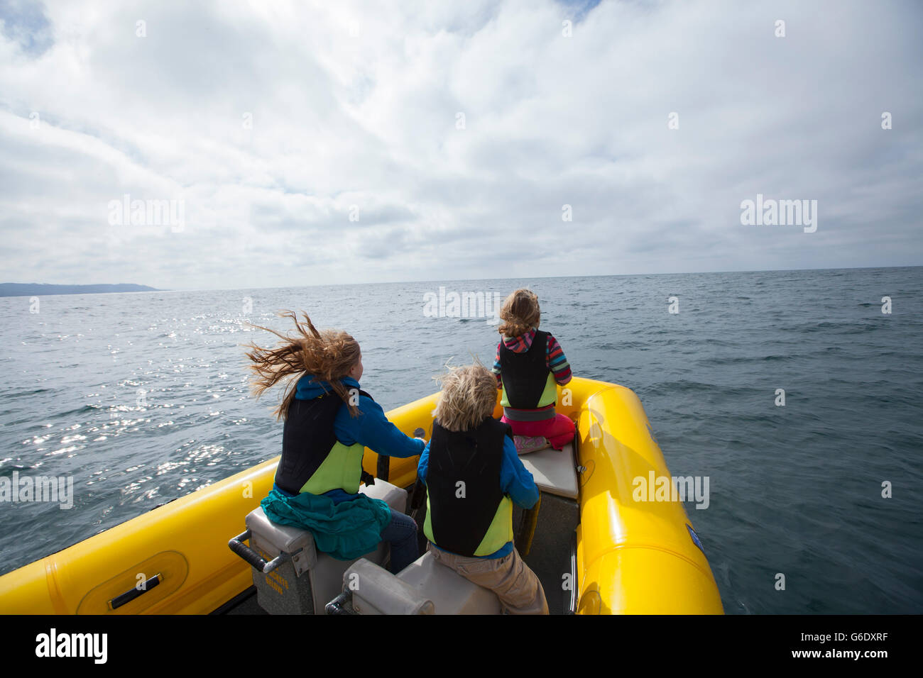 Drei Kinder im Alter von 5, 8 und 9 lieben den Nervenkitzel der Fahrt mit Kapitän Russell Moore der Xplore Offshore, San Diego original Ocean rafting Ausstatter.  Kalifornien. Stockfoto