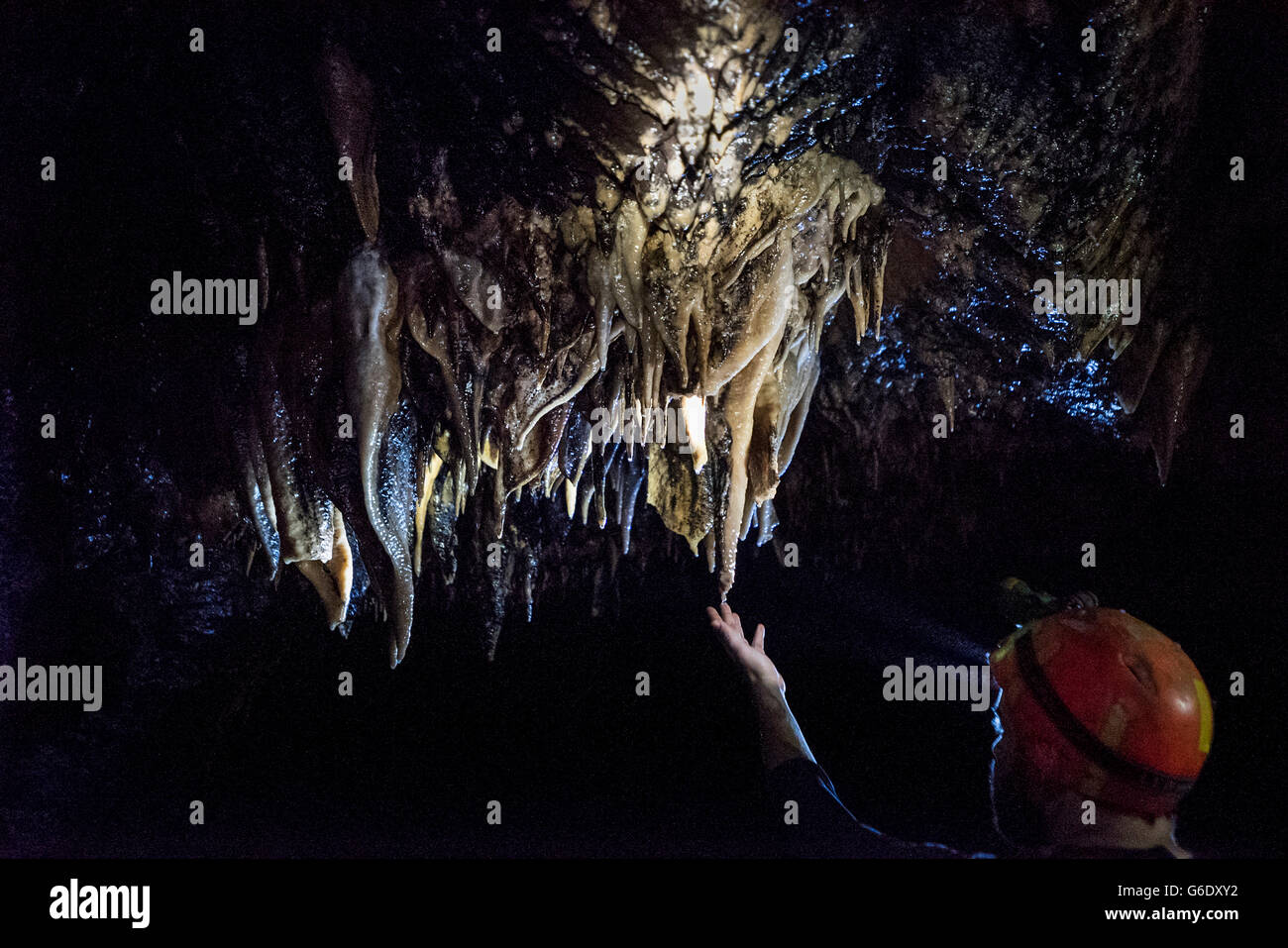 Ein Mann berührt die Spitze ein Stalaktit in einer unterirdischen Höhle in Pang Mapha, Thailand, 29. April 2015. Die 4 km-Höhle ist nur zugänglich zwei Monate im Jahr, wenn es nicht zu geben Sie überflutet wird. Stockfoto