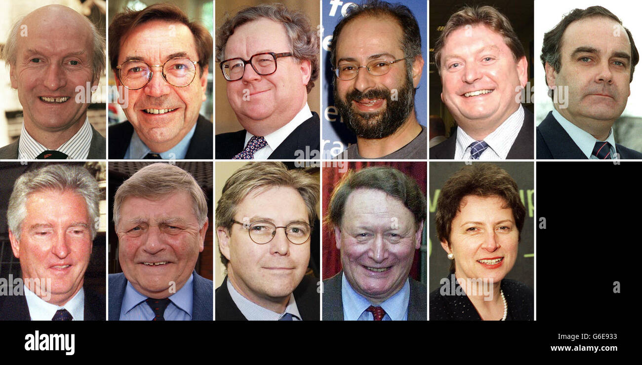 The Foreign Affairs Select Committee, von links: Donald Anderson (Vorsitzender), David Chidgey, Sir Patrick Cormack, Fabian Hamilton, Eric Illsley, Andrew Mackinlay; unten, von links: John Maples, Bill Olner, Greg Pope, Sir John Stanley und Gisela Stuart, die ihr Urteil darüber abgeben, ob Downing Street den Fall eines Krieges im Irak übertrieben hat. Siehe PA Geschichte POLITIK Irak. PA-Foto. 18/07/03 : Bibliotheksmitarbeiter von Mitgliedern des Auserwählten Ausschusses für auswärtige Angelegenheiten, die Dr. David Kelly, einen offiziellen Berater für irakische Waffen, im Zentrum eines Reihens über ein Regierungsdossier über Massenwaffen, befragen Stockfoto