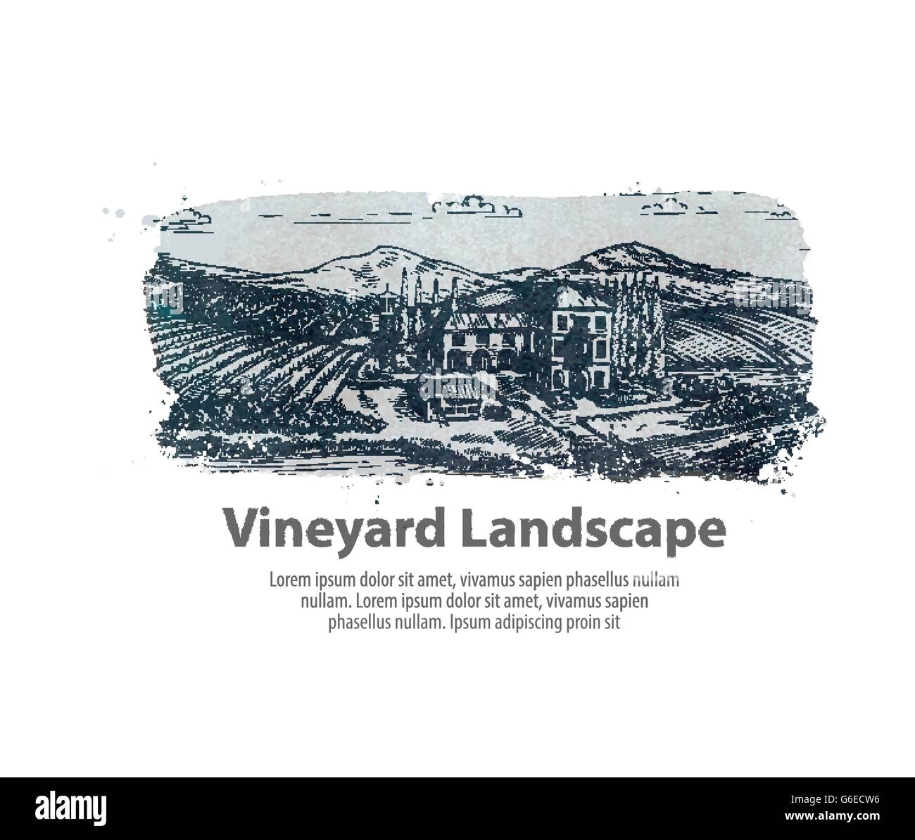 Weinkulturlandschaft. Hand gezeichnete Skizze Bauernhof, Landwirtschaft, Ernte, Weingut Stock Vektor