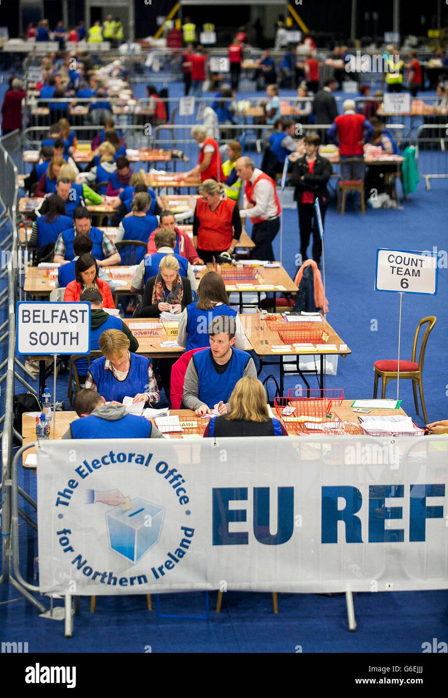 TelleSr Graf Stimmzettel im Titanic Exhibition Centre, Belfast, nachdem Umfragen in das EU-Referendum geschlossen. Stockfoto