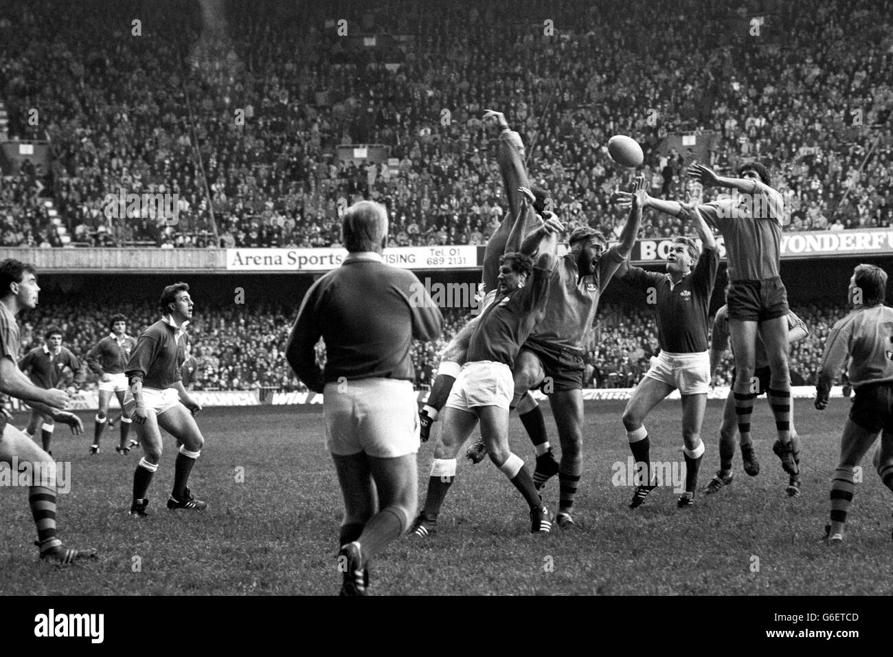 Ein frühes Line-Out im Rugby-Union-Spiel zwischen Australien und Wales im cardiff Arms Park, mit dem walisischen Spieler Eddie Butler (c) mitten im Geschehen. Australien gewann mit 13-3 Intervallen Vorsprung, bevor es schließlich 28:9 gewann. Dieses australische Team beendete den Grand Slam über die Heimatnationen, die einzige australische Seite, die dies bisher erreicht hat. Stockfoto