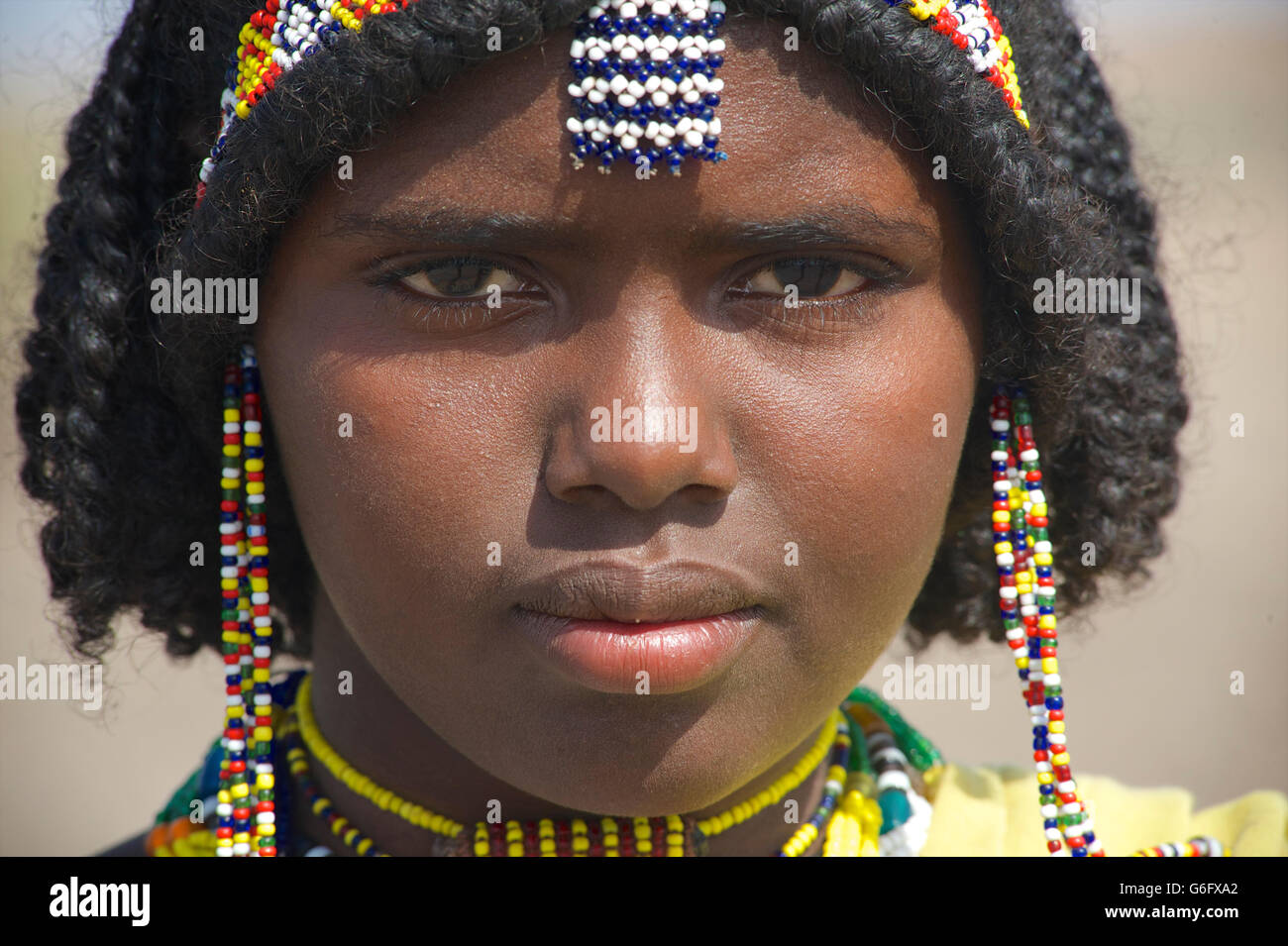 Die aufwändige Frisur eines Afar-Mädchen. Das nomadische Leben der Ferne in den tiefer gelegenen Wüsten von Ost-Äthiopien. WELI Provinz Stockfoto