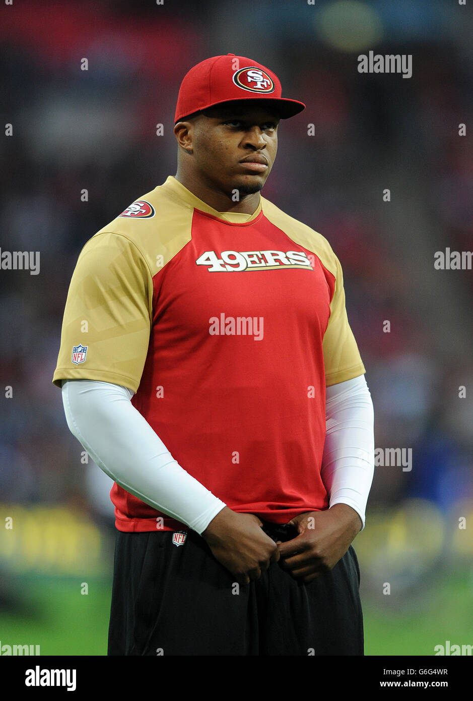 Lawrence Okoye von San Francisco 49er vor dem Spiel zum NFL International Match im Wembley Stadium, London. DRÜCKEN Sie VERBANDSFOTO. Bilddatum: Sonntag, 27. Oktober 2013. Siehe PA Story GRIDIRON NFL. Bildnachweis sollte lauten: Simon Cooper/PA Wire Stockfoto