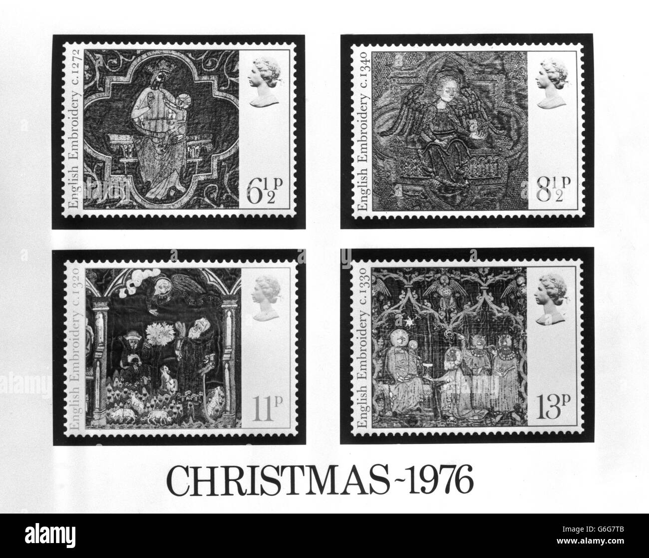 Weihnachtsszenen aus dem 13. Und 14. Jahrhundert sind auf den Weihnachtsmarken der Post zu sehen. Stockfoto