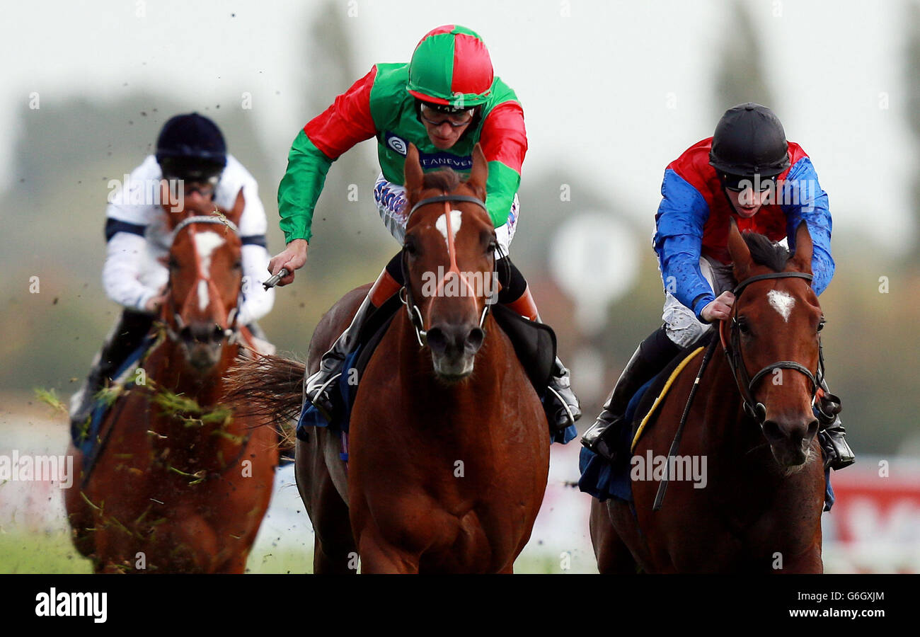 Strait Run von Richard Hughes (Mitte) auf dem Weg zum Sieg in den Free Bets freebets.co.uk Maiden Stakes, Division One auf Newbury Racecourse, Newbury. Stockfoto