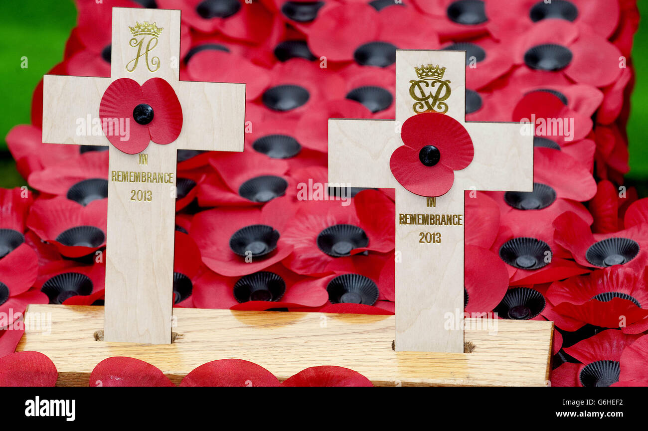 Royal Rota 7.11.13 der Herzog von Edinburgh und Prinz Harry im Field of Remembrance Westminster Abby. Das Bild zeigt die von den Royal's niedergelegten Poppy's Stockfoto