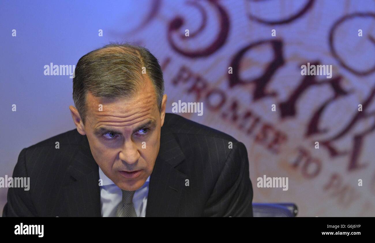 Der Gouverneur der Bank of England, Mark Carney, spricht während der vierteljährlichen Pressekonferenz des Inflationsberichts der Bank of England in London. Stockfoto