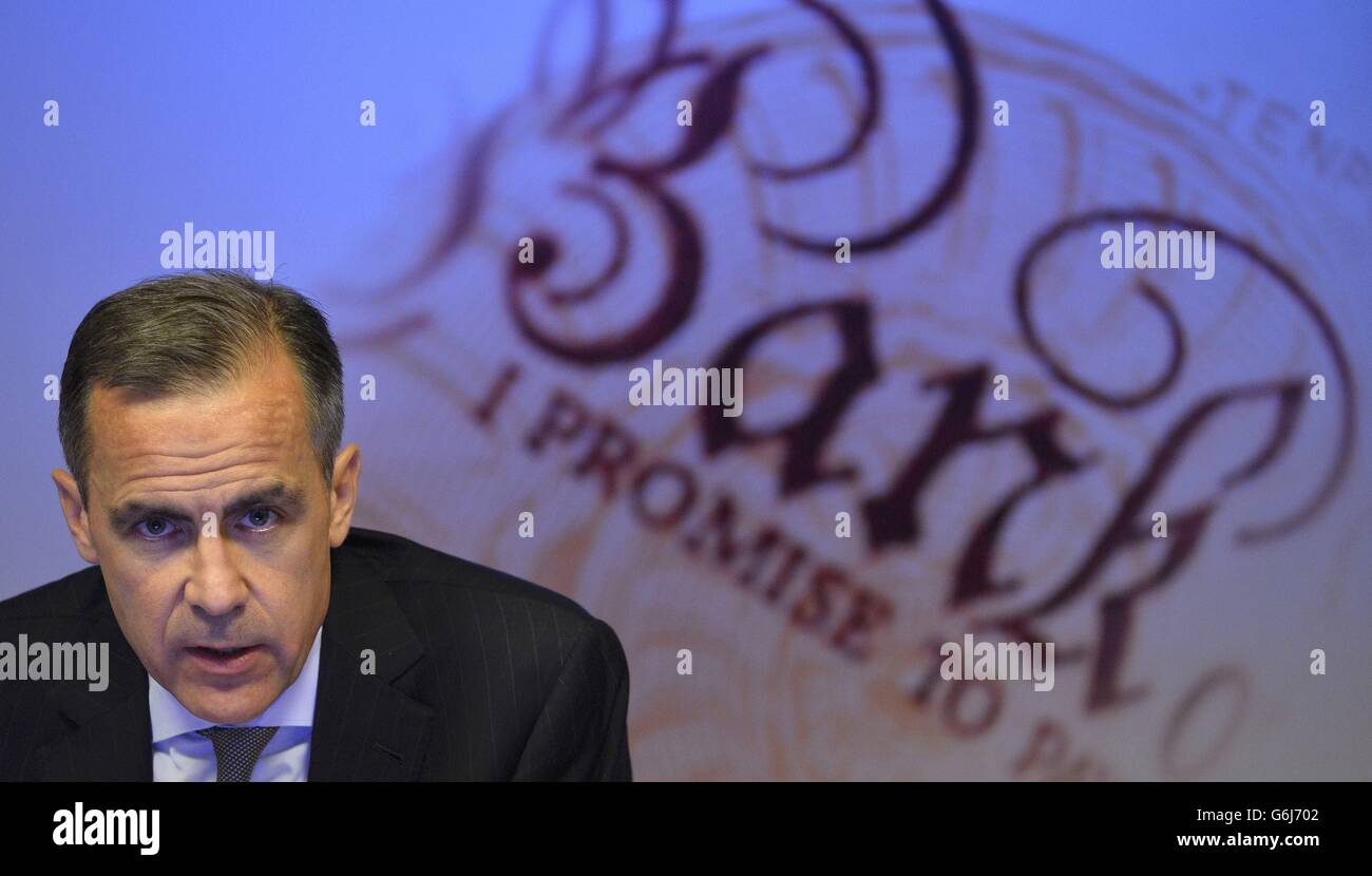 Der Gouverneur der Bank of England, Mark Carney, spricht während der vierteljährlichen Pressekonferenz des Inflationsberichts der Bank of England in London. Stockfoto